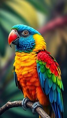 Fototapeta premium Vibrant parrot perched, colorful feathers, tropical bird illustration, tropical, bird