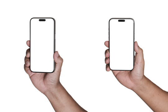 Hand holding the black smartphone Transparent of PNG image with blank screen and modern frameless design - isolated transparent background