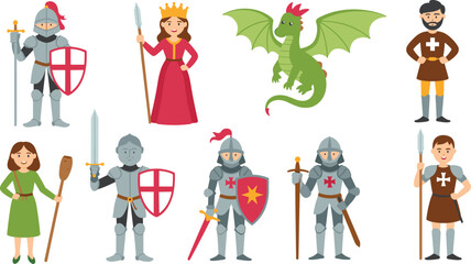 Cartoon medieval character set with knights princess dragon and warriors in armor perfect for fantasy story illustration and game design