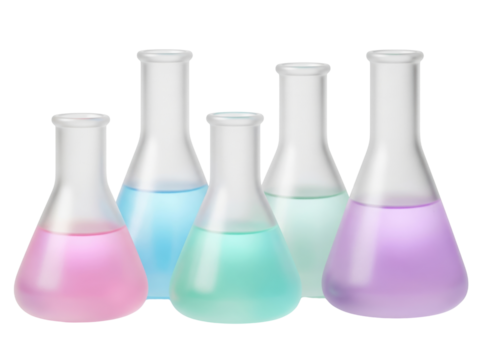 Science laboratory glassware with different colored chemical solutions on a transparent background