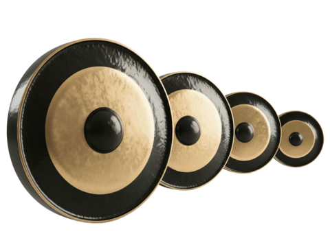 Set of traditional musical gongs for meditation and sound healing on a transparent background