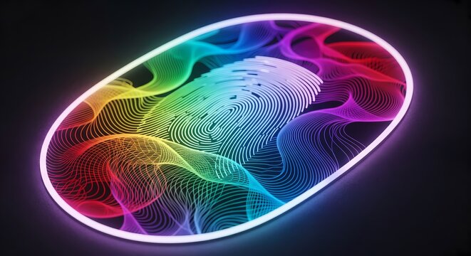 Dynamic fingerprint analysis with vibrant, flowing rainbow waves - Powered by Adobe