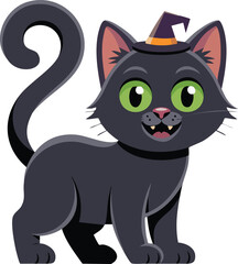 Cute cartoon black cat wearing a witch hat for Halloween festivities