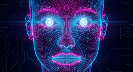 Futuristic AI consciousness glowing with neon pink and blue circuits