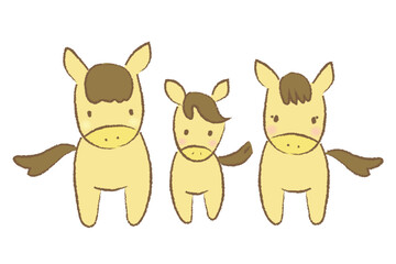 日本の2026年の干支「午」。正面を向いて佇む、手描きのかわいい親子の馬。Japan's zodiac sign for 2026 is the horse. A cute, hand-drawn horse and its baby are standing facing forward.