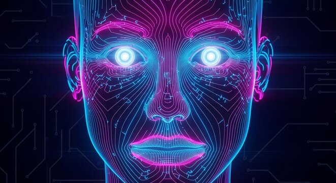 Futuristic AI consciousness glowing with neon pink and blue circuits - Powered by Adobe
