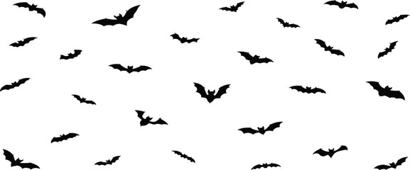 Flying black bat silhouettes isolated on white background perfect for Halloween decorations spooky party design and vampire themed artwork