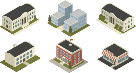 Isometric 3D illustration set of city buildings including schools offices banks and shops for urban architecture and infrastructure design