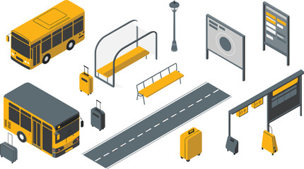 Isometric 3D illustration of modern city bus station with yellow buses road benches signs and luggage for transportation design