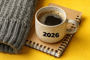 Coffee cup with 2026 on notebook desk