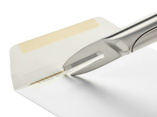 Close-up of a metal surgical stapler and sterile staple cartridge on a transparent background