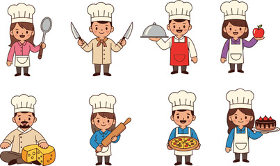 Cute cartoon chefs characters cooking different foods illustration, bakery and pizza maker, culinary team concept, professional kitchen vector art
