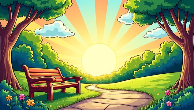 Colorful cartoon park scene with wooden bench, walking path, green grass, big trees, and blue sky framed in comic art style with vibrant radial background and central blank area for copy space.