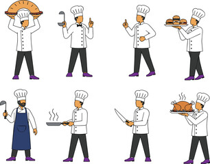 Cartoon chefs cooking, holding food and kitchen tools, professional restaurant staff illustration, culinary art concept, food preparation teamwork, vector design