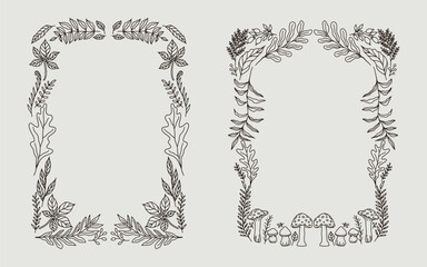 Autumn hand drawn botanical border frame illustration. Minimalist line art style perfect for invitation party, card, fall season poster, greeting or cover.