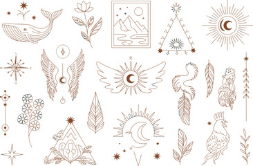 Mystical boho line art collection featuring celestial moon sun stars nature symbols wings plants and sacred geometric spiritual elements