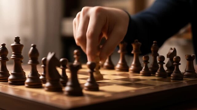Hand moves a pawn on a chess board with pieces set for a game in progress