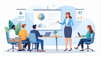 Flat illustration of a businesswoman presenting data on a projector screen to colleagues in a modern office setting with a professional and collaborative mood.