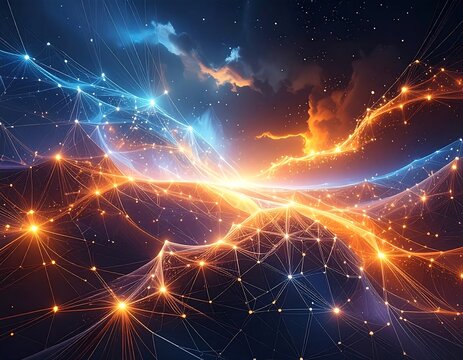 A cosmic expanse glows with intricate networks of light. Beams of energy spread across a dark sky with clouds - Powered by Adobe