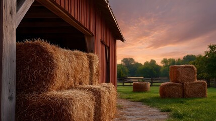 A rustic red barn doorway filled with stacked hay bales glows under a dramatic and colorful sunset sky