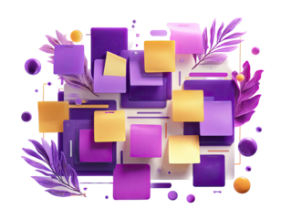 Abstract composition of purple, gold squares & foliage