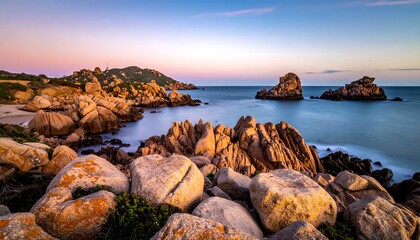 Rocky Coastline at Sunset - A Serene Landscape in Sardinia, Italy.