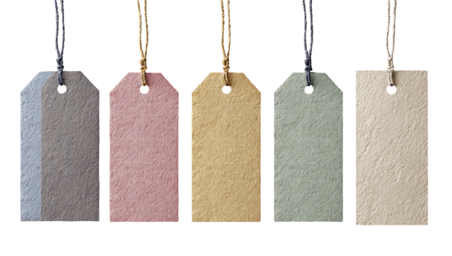 Four blank gift tags in muted pastel colors
