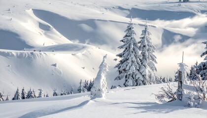 Snowy Mountain Landscape with Evergreen Trees in Winter.