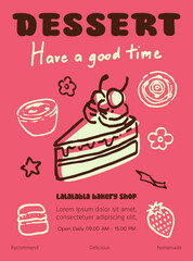 Hand draw bakery and dessert doodles in poster. Vector illustration of cake, macaron, strawberry, egg tart and cinnamon roll icons in naive art style , crayon drawing. Naive poster design.