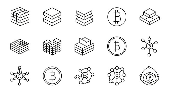 Cryptocurrency Icon Set: An array of minimalist cryptocurrency icons, designed with sleek lines and geometric shapes, representing the digital world of finance and blockchain technology.
