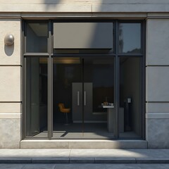 Fototapeta premium Modern Office Entrance with Large Glass Windows and Sliding Door in Contemporary Building