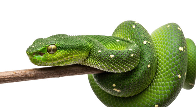 Green tree python on branch transparent background cutout png