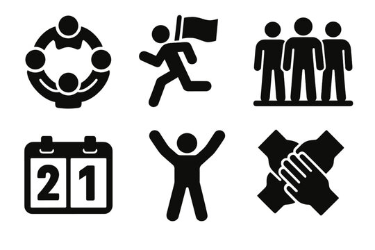 Brutalist Team Icons. Team Competition silhouette icon set: teamwork circle, flag race, group challenge, scoreboard, victory pose, unity gesture.