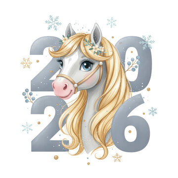Enchanting equine artwork showcases year 2026 with delightful winter themed ornaments isolated