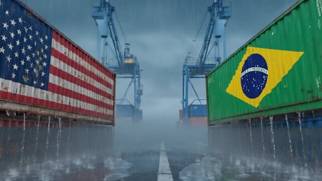 Trade Containers with United States and Brazil Flags Facing Each Other at Industrial Port Representing Global Export Import Business and Economic Partnership in 4K UHD Footage