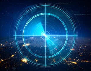 A digital radar overlay, with concentric circles, overlaid on a view of Earth at night. The center is a crosshair