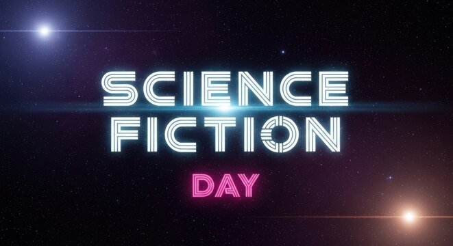 Science Fiction Day text design futuristic typography with glowing stars perfect for posters and event promotions