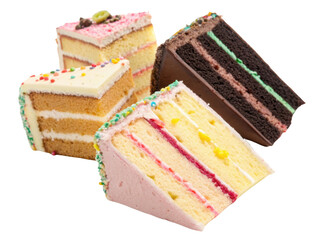 Joyful assortment of colorful cake slice dessert. This sweet food pastry includes delicious chocolate and vanilla for an indulgent