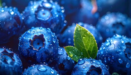 Fresh Blueberries with Water Droplets and Green Leaves Close-Up.