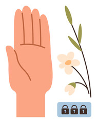 Obraz premium Raised hand alongside flowering branch and three closed padlocks. Ideal for security, trust, responsibility, growth, mindfulness, nature, and protection themes. A simple flat metaphor