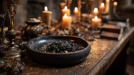 A round dish filled with dark herbs and shimmering gold dust sits on a wooden table. Surrounding candles flicker, casting soft light on mystical objects scattered across the surface.
