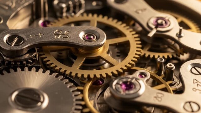 Intricate macro view of gold and silver gears, jewels, and clockwork details