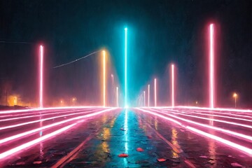 A neon-drenched cyberpunk street at night, glowing with vibrant pink and cyan light poles that cast radiant reflections on a wet, reflective road. The scene evokes futuristic energy and digital surrea
