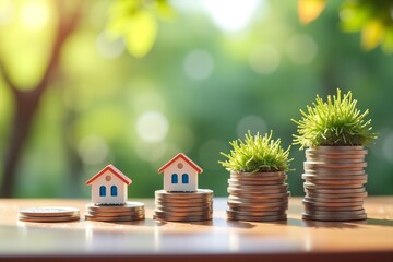 Stacked coins grow green plants, symbolizing financial growth leading to a cozy home. Sunlit background adds warmth and optimism.