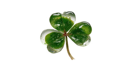Close-up of a vibrant green clover leaf, encased in water droplets