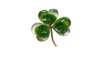 Close-up of a vibrant green clover leaf, encased in water droplets