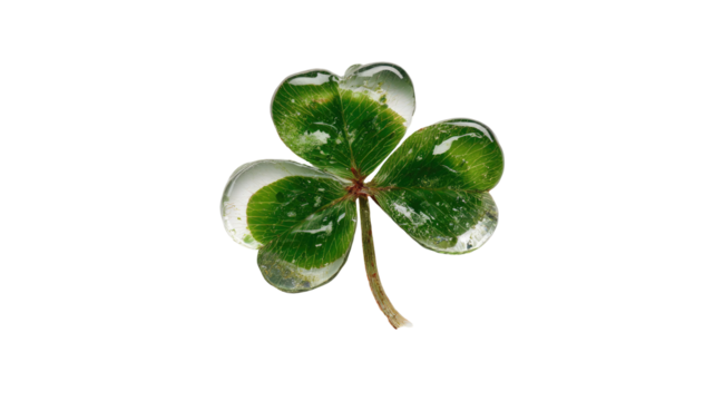 Close-up of a vibrant green clover leaf, encased in water droplets