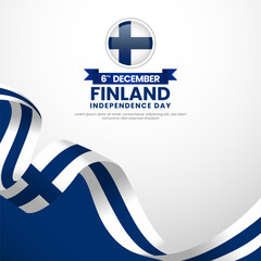 Finland independence day greeting card, square banner background with waving ribbon flag