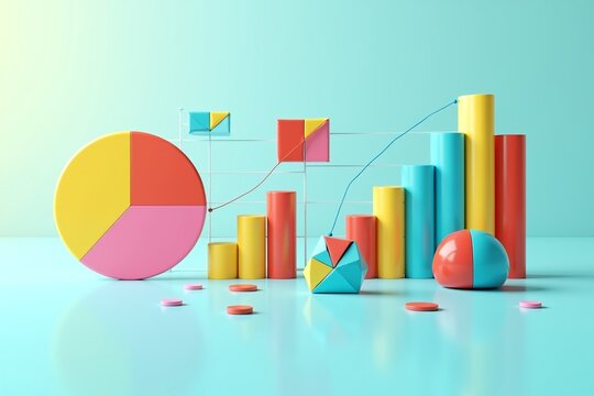 Colorful geometric charts and graphs on minimalist pastel background, modern data visualization design.