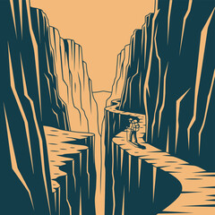 A person hiking on a winding trail along a deep canyon with a waterfall in the distance, in a vintage illustration style.